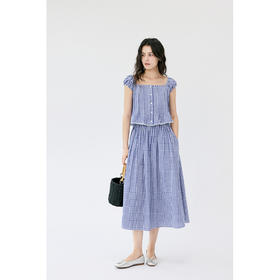 HeyDress蓝色格子套装女夏季方领宽松气质衬衫高腰百褶A字半身裙