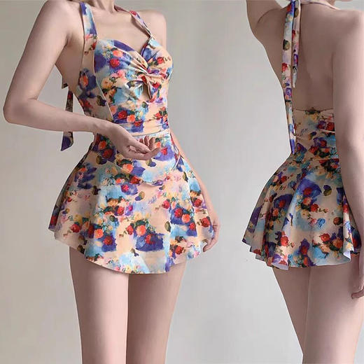 【连体泳衣女士】新款裙式保守小众复古碎花泳衣 显瘦露背温泉游泳装夏  商品图1