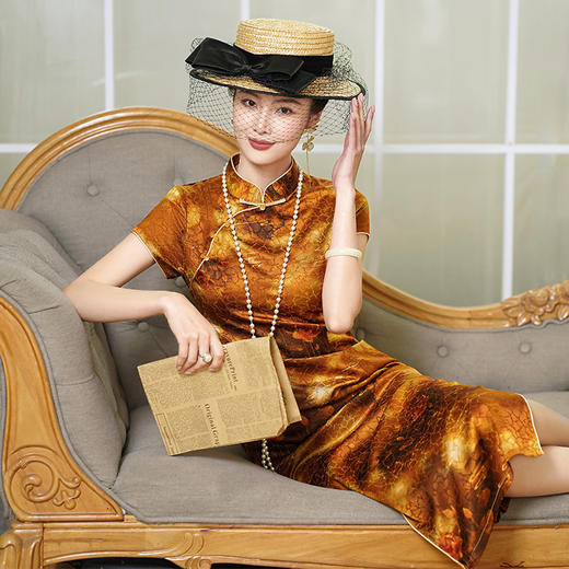 年轻款高档真丝提花，桑蚕丝高端旗袍裙YY-2458 商品图1