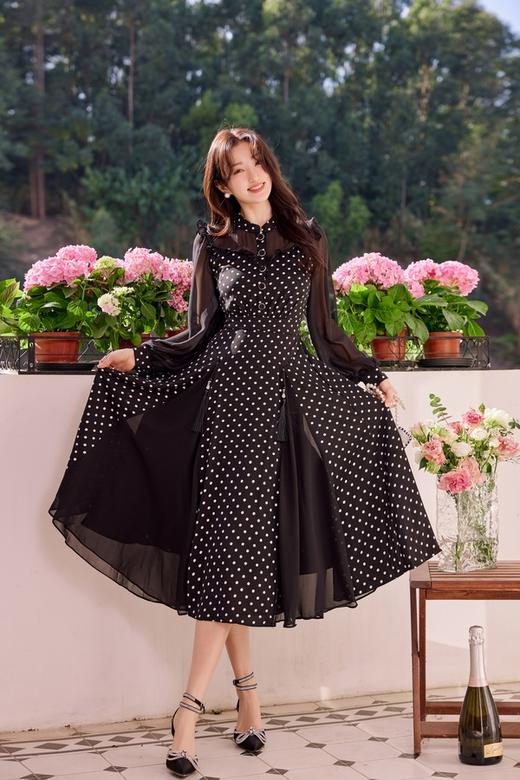 Le Malene 黑纱波点拼接式收腰连衣裙 19919 商品图3