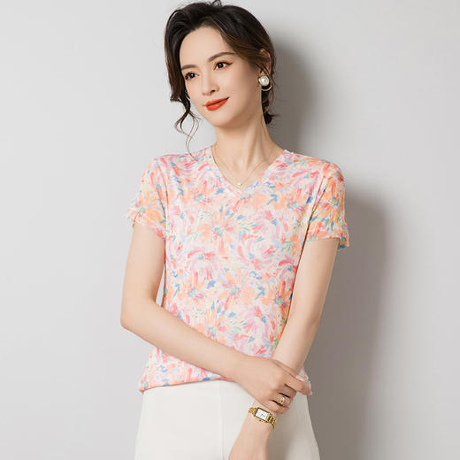 丁摩 网纱真丝印花V领短袖小衫女100桑蚕丝薄款T恤F9044 商品图6