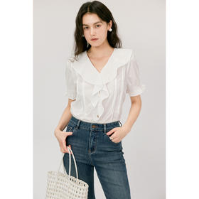 HeyDress天丝荷叶边衬衫女夏季法式宽松设计感短袖浪漫气质上衣