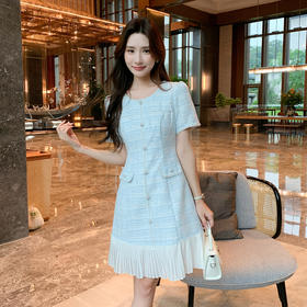 奢姿大码女装2025夏季减龄小香风拼接百褶连衣裙胖妹妹时尚裙子9952869761