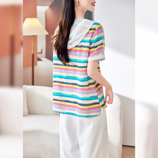 丁摩 桑蚕丝撞色真丝衬衫条纹短袖0202 商品图3