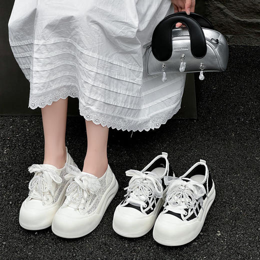 经典鲨2025夏款仙女风甜美蝴蝶结串珠薄款透气厚底休闲鞋女KW160-529151 商品图1