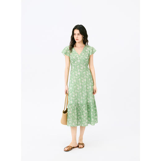 HeyDress法式天丝绿色印花连衣裙女夏季收腰显瘦浪漫度假风裙子 商品图4