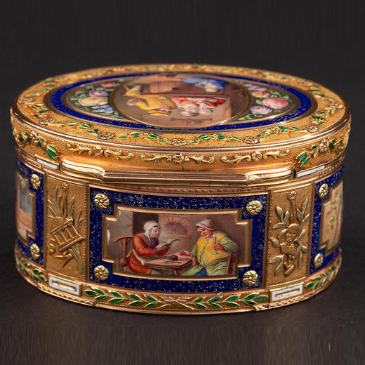 独角鹿西洋古董 花叶纹彩金精雕装饰古典家庭场景主题珐琅彩绘细密画18K黄金盒 商品图2