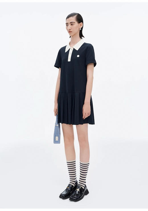 SEL*同款撞色Polo领压褶连衣裙 商品图0