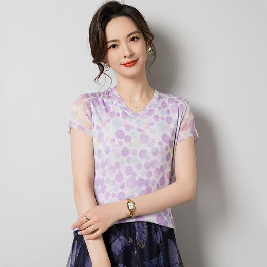 丁摩 网纱真丝印花V领短袖小衫女100桑蚕丝薄款T恤F9044 商品图4