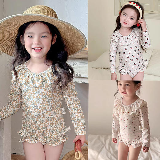 【儿童游泳衣】长袖女童小童涤纶 女孩公主连体泳衣套装 中小童宝宝泳装  商品图1