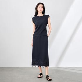 「高货wl」全新升级【铂金会员330/天猫439/差价109】(99833)洛诗琳气质蕾丝拼接收腰显瘦无袖上衣直筒半裙两件套装女wl99833