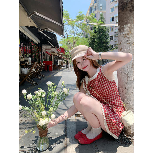 <曾小咸推荐>设计感收腰红格子连衣裙 商品图0