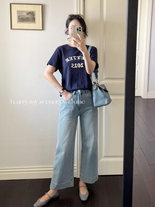 生活闪闪发光｜侧边褶皱显瘦收腰设计 字母印花工艺T恤  藏青色 商品图5