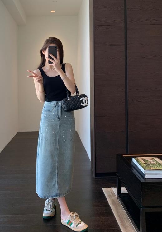 J家原单高级感烫钻显腿长高腰A字开叉半身裙 商品图8