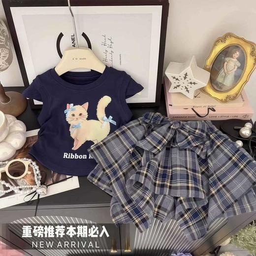 【小猫印花卡通短袖蝴蝶结半身裙两件套】夏季新款小飞袖上衣蝴蝶结半身裙两件套 商品图8