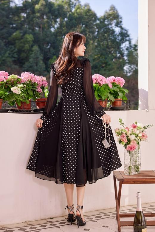 Le Malene 黑纱波点拼接式收腰连衣裙 19919 商品图5