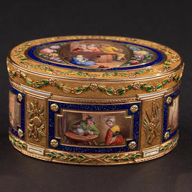 独角鹿西洋古董 花叶纹彩金精雕装饰古典家庭场景主题珐琅彩绘细密画18K黄金盒