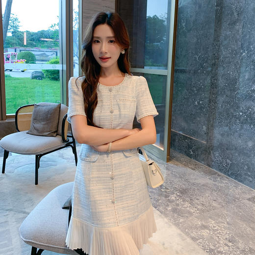 奢姿大码女装2025夏季减龄小香风拼接百褶连衣裙胖妹妹时尚裙子9952869761 商品图1