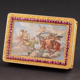 独角鹿西洋古董 花叶纹精雕镶嵌红宝石及命运三女神与时间之父主题极细马赛克18K黄金盒