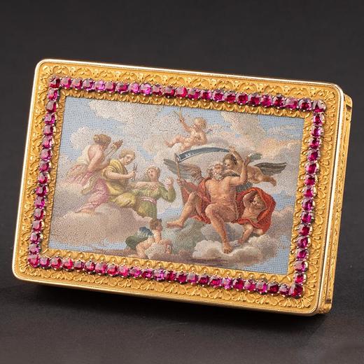 独角鹿西洋古董 花叶纹精雕镶嵌红宝石及命运三女神与时间之父主题极细马赛克18K黄金盒 商品图0