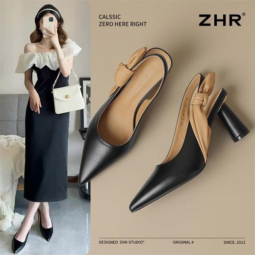 ZHR则则法式尖头高跟凉鞋2025新款一字扣气质凉鞋蝴蝶结后空凉鞋 商品图1