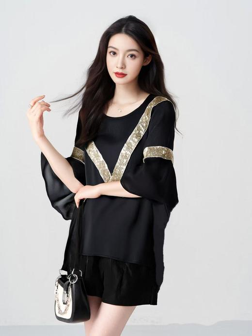 超值购【诗铭洛可】6309短袖T恤雪纺喇叭袖亮片上衣A10-2 商品图1