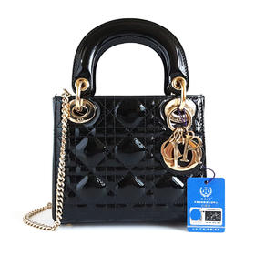 【98新闲置】DIOR迪奥迷你 LADY DIOR 手袋M0505OWCB M900经典黑金漆皮三格戴妃包链条手提单肩包女士现售价：19700！180525AI08