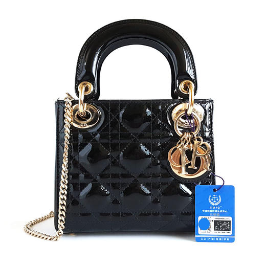 【98新闲置】DIOR迪奥迷你 LADY DIOR 手袋M0505OWCB M900经典黑金漆皮三格戴妃包链条手提单肩包女士现售价：19700！180525AI08 商品图0