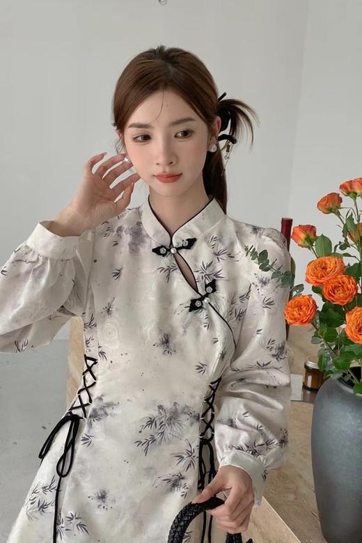ANSUABEL 水墨竹叶印花盘扣系带收腰连衣裙 20008 商品图2