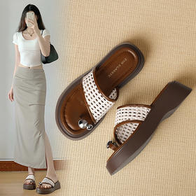 ZHR拖鞋女夏外穿2025新款超火百搭小个子厚底复古套趾凉拖鞋编织