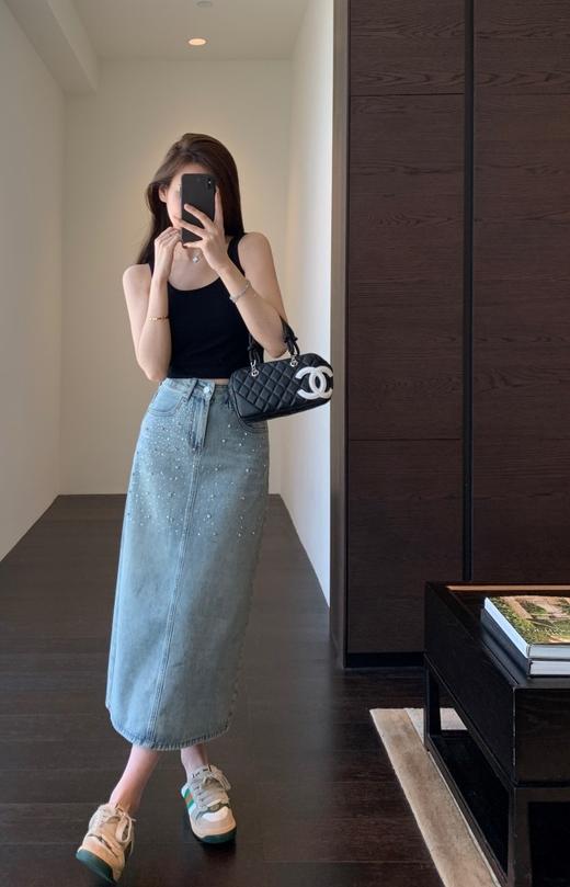 J家原单高级感烫钻显腿长高腰A字开叉半身裙 商品图7