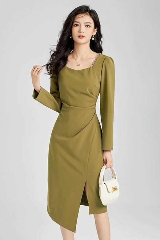 Le Malene 橄榄绿色方领长袖连衣裙 19935 商品图3