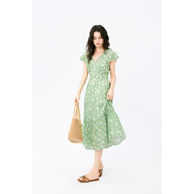 HeyDress法式天丝绿色印花连衣裙女夏季收腰显瘦浪漫度假风裙子