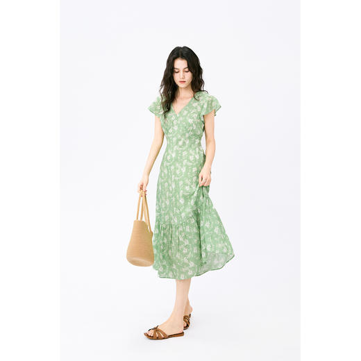 HeyDress法式天丝绿色印花连衣裙女夏季收腰显瘦浪漫度假风裙子 商品图0