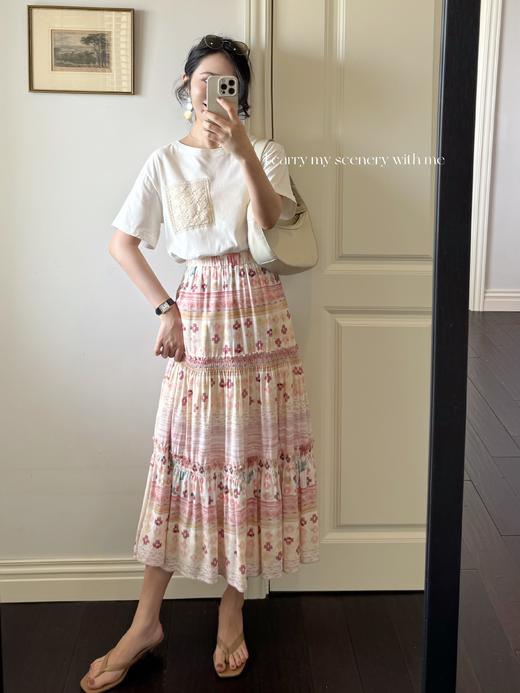 随身携带我的风景｜天然亚麻与再生纤维素高档舒适面料 打揽工艺设计 全腰松紧半身裙  花色 商品图3