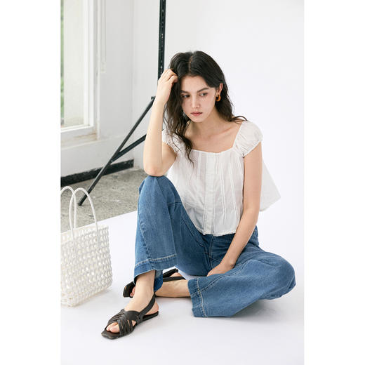 HeyDress法式方领短袖女夏季新款花苞袖衬衫减龄设计感白色上衣 商品图0