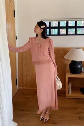 Le Malene 肉粉色流苏上衣半裙套装 20055