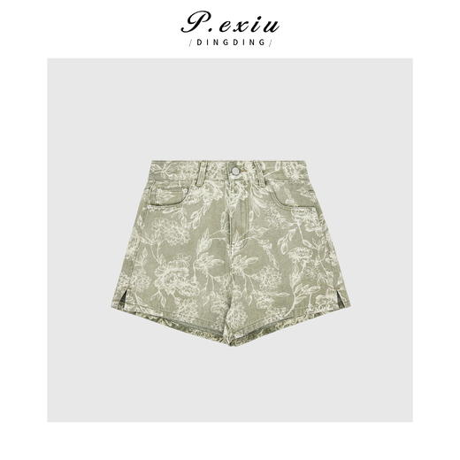 03-4潘依绣丁丁宠粉PanYiXiu/潘依绣【海岛小镇】国风复古印花侧开叉牛仔短裤 D6586 商品图0