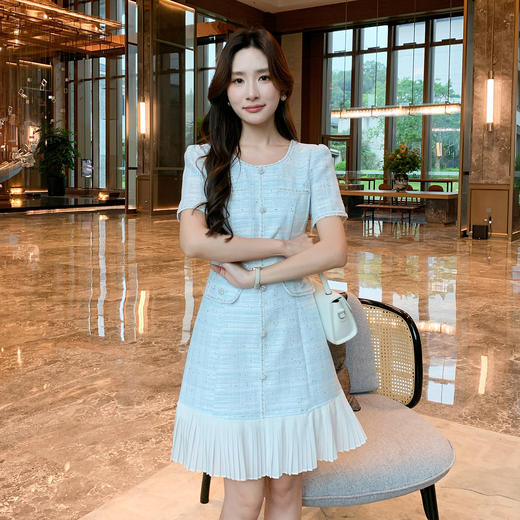 奢姿大码女装2025夏季减龄小香风拼接百褶连衣裙胖妹妹时尚裙子9952869761 商品图4