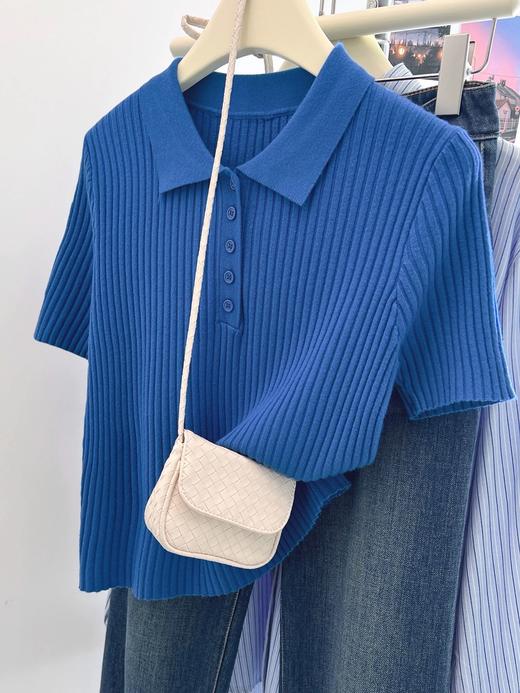 直发【M822】巨显白~克莱因蓝冰丝针织短袖polo衫显瘦减龄上衣 商品图4