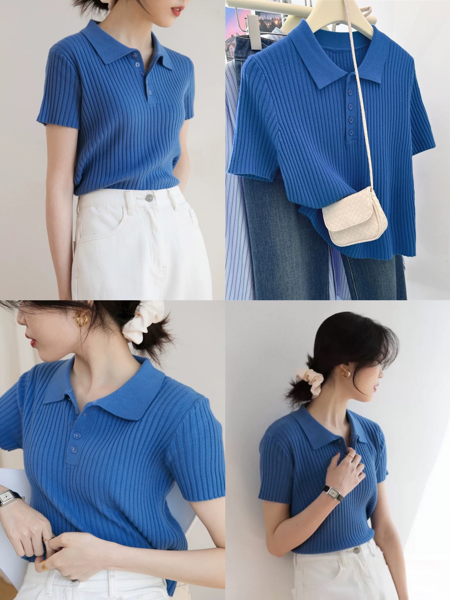 直发【M822】巨显白~克莱因蓝冰丝针织短袖polo衫显瘦减龄上衣