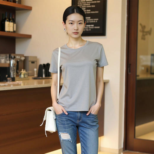 圆领钉珠设计简约百搭T恤上衣女夏季薄款舒适休闲宽松内搭打底衫   ASZT-AS662502-1 商品图2