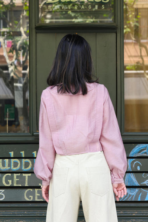 TYNVIE 荷叶边领子气球袖裹身短款衬衫-粉色格纹 商品图9