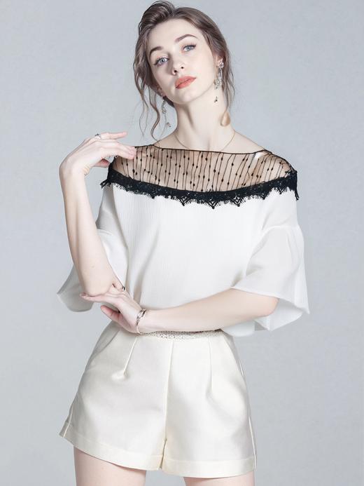 超值购【诗铭洛可】6363 短袖肌理蕾丝网纱拼接喇叭袖上衣A3-3 商品图1