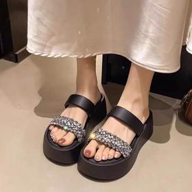 小个子专属方头水钻一字带厚底增高拖鞋25322