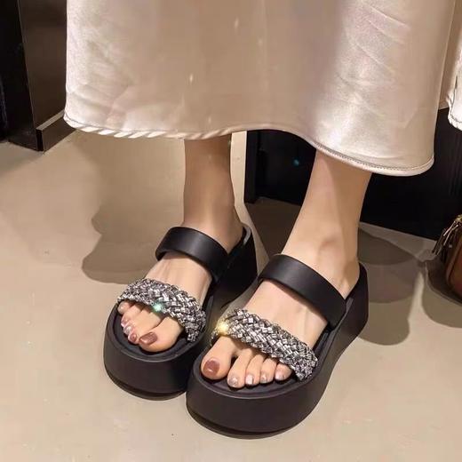 小个子专属方头水钻一字带厚底增高拖鞋25322 商品图0