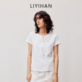 LIYIHAN清月鹊 高端爽滑质感半开襟短袖T恤百搭显瘦