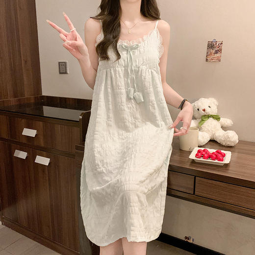 【夏季薄款吊带睡裙】V领蕾丝花边云朵棉纯色少女甜美睡裙中长款家居裙。ry 商品图3
