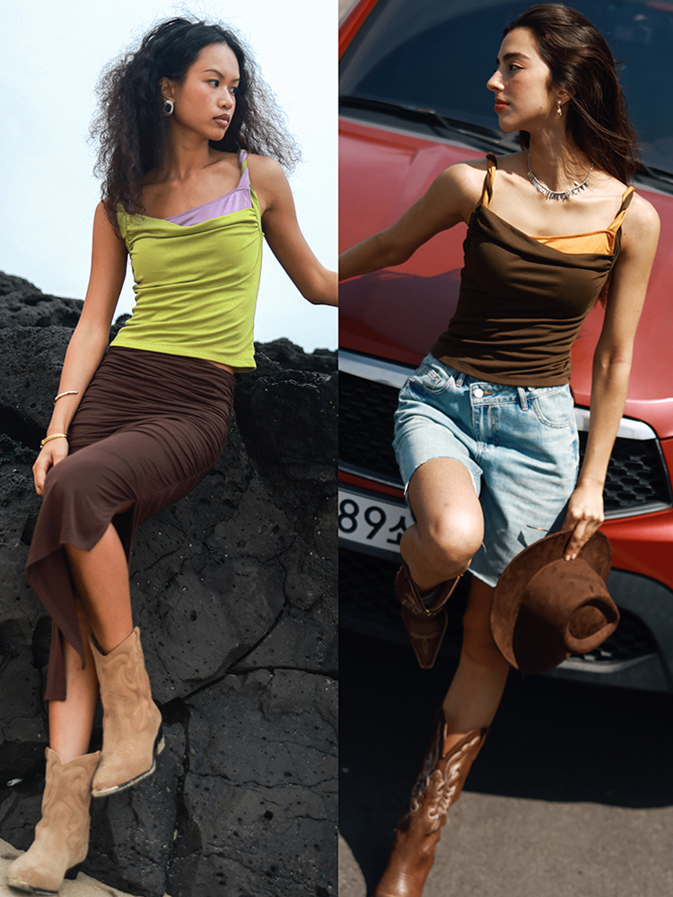 TR她热 沙漠绿洲 棕色绿色弹力撞色带胸垫百搭纽结显瘦收腰吊带背心