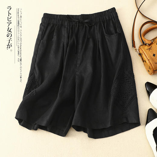 雀说新款棉麻休闲裤女蕾丝拼接阔腿裤大码薄款短裤AL8007 商品图5